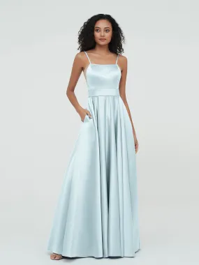 A-ligne Bretelles Spaghetti Robes Maxi en Satin Brume