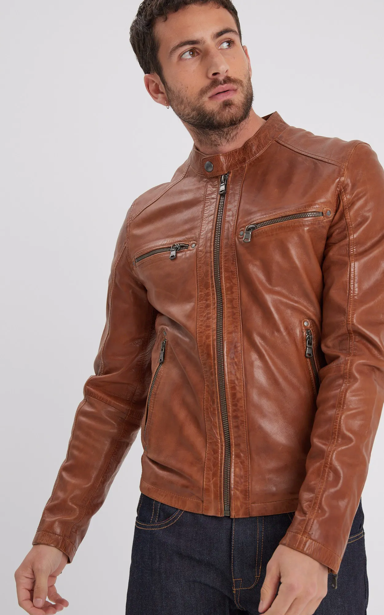 Blouson Gafino en cuir cognac Daytona 73 - La Canadienne - Blousons Cuir Cognac