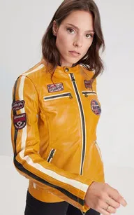 Blouson motard cuir Rexy Solano yellow Rose Garden - La Canadienne - Blousons Cuir Jaune