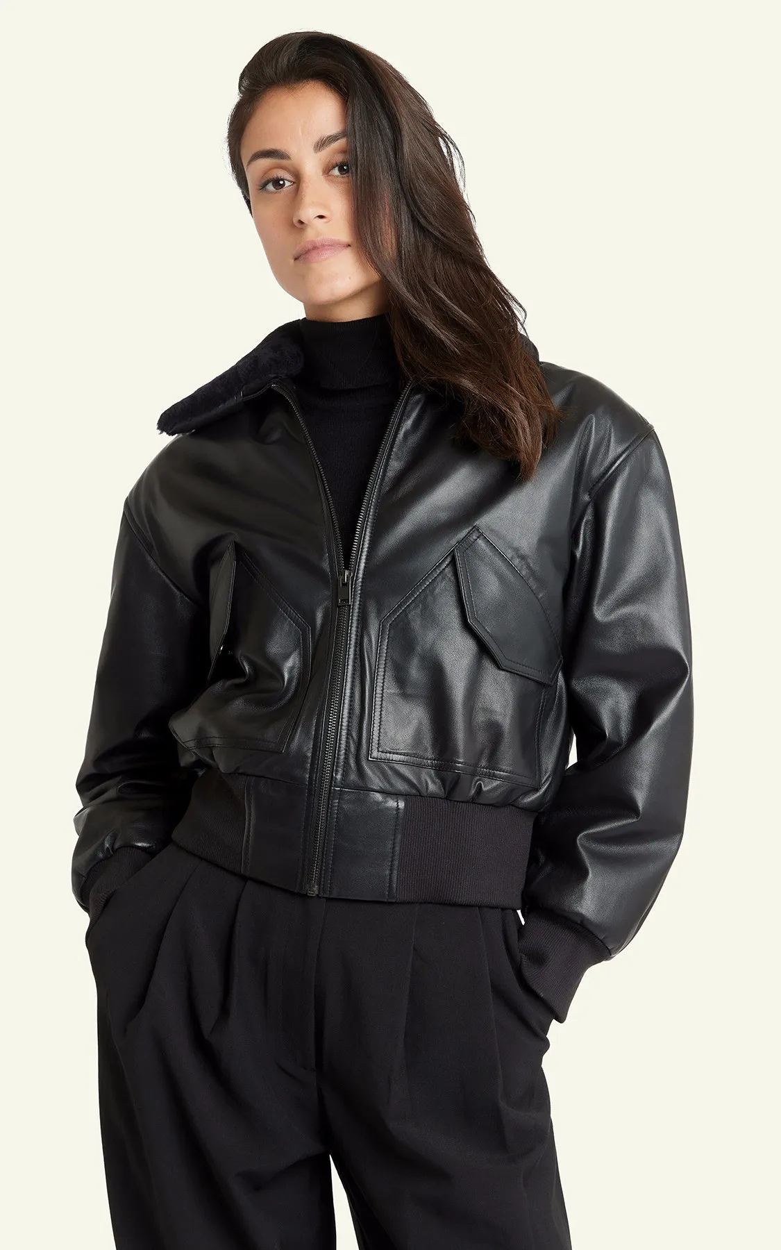 Blouson pilote cuir Dora noir Serge Pariente - La Canadienne - Blousons Cuir Noir