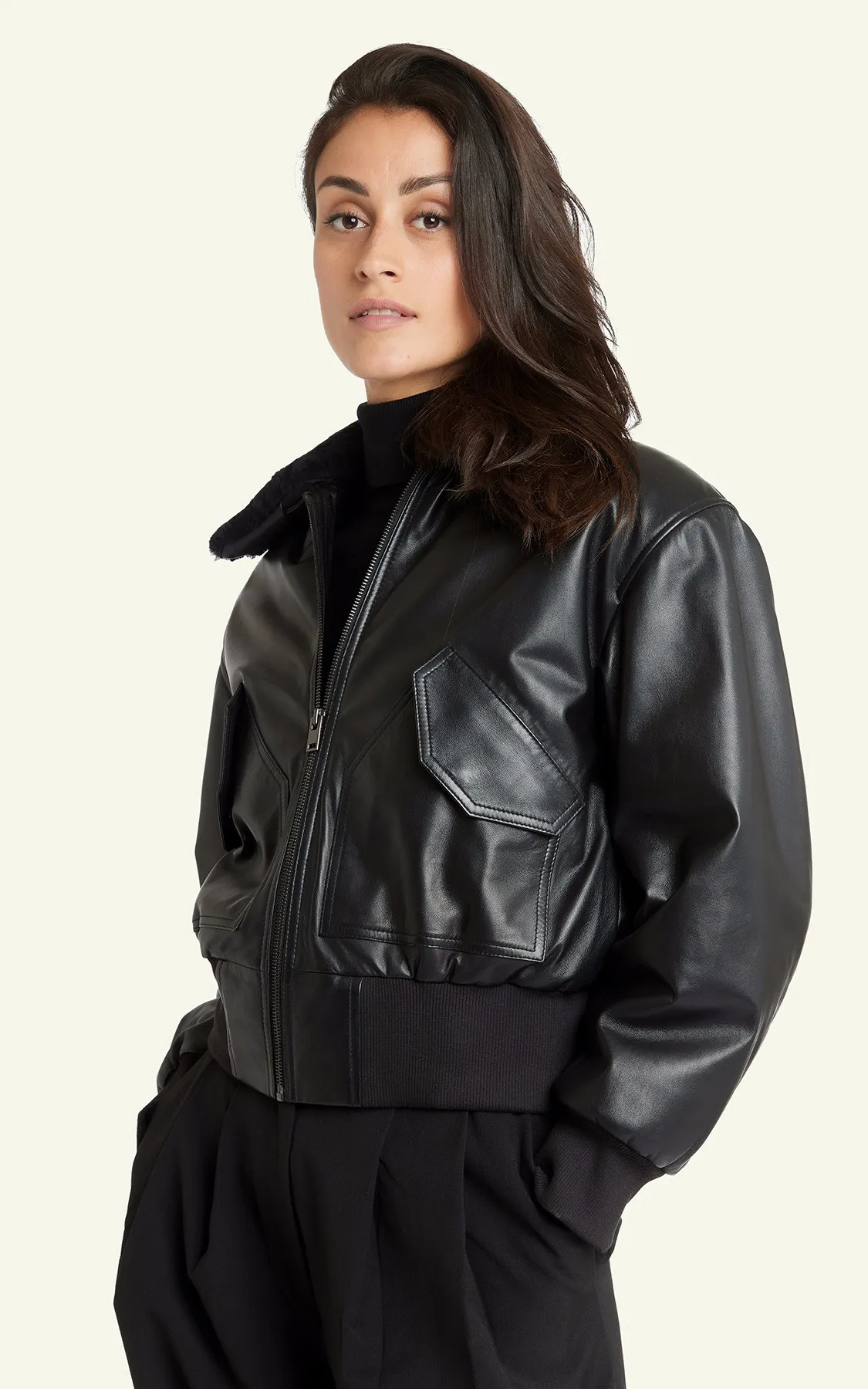 Blouson pilote cuir Dora noir Serge Pariente - La Canadienne - Blousons Cuir Noir