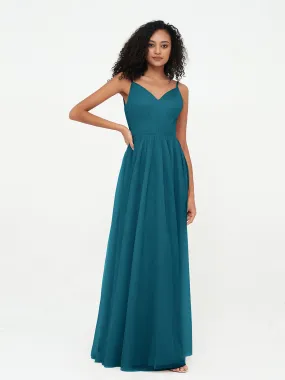 Bretelles Spaghetti Robes Maxi Plissé en Tulle Bleu Encre