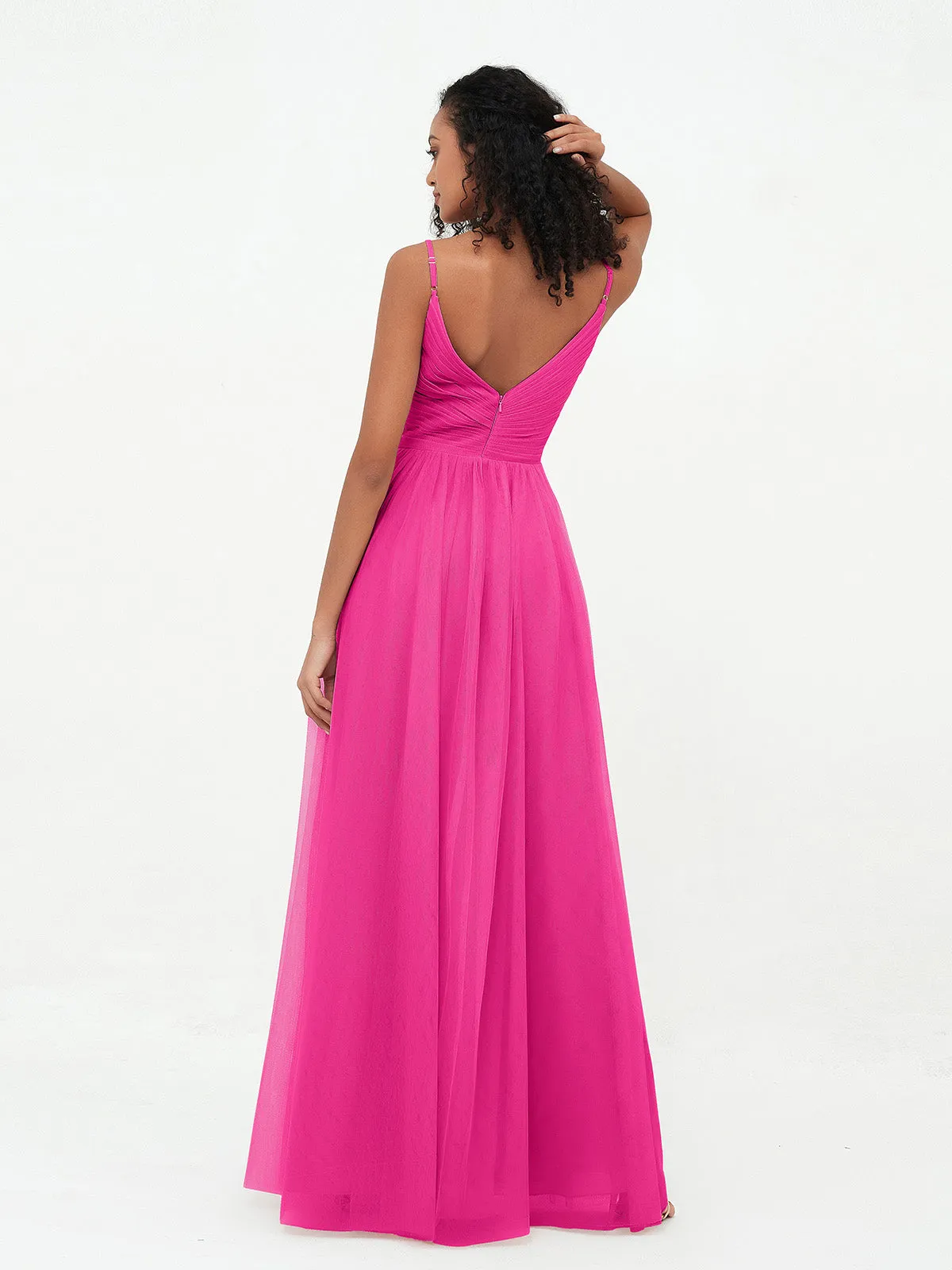 Bretelles Spaghetti Robes Maxi Plissé en Tulle Fuchsia Grande Taille