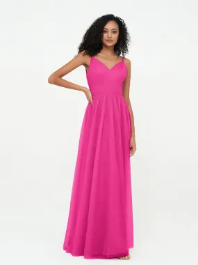 Bretelles Spaghetti Robes Maxi Plissé en Tulle Fuchsia Grande Taille