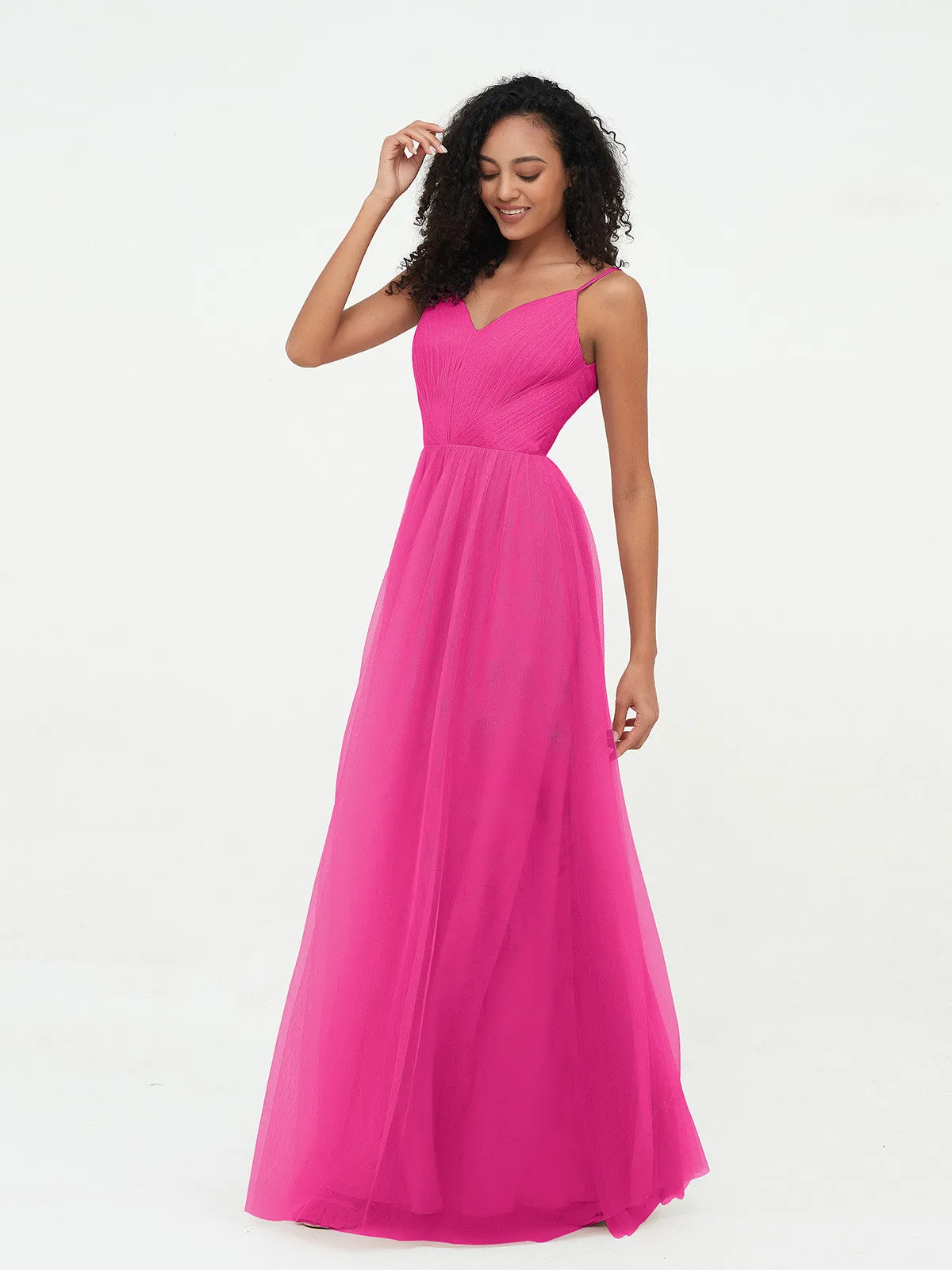 Bretelles Spaghetti Robes Maxi Plissé en Tulle Fuchsia Grande Taille