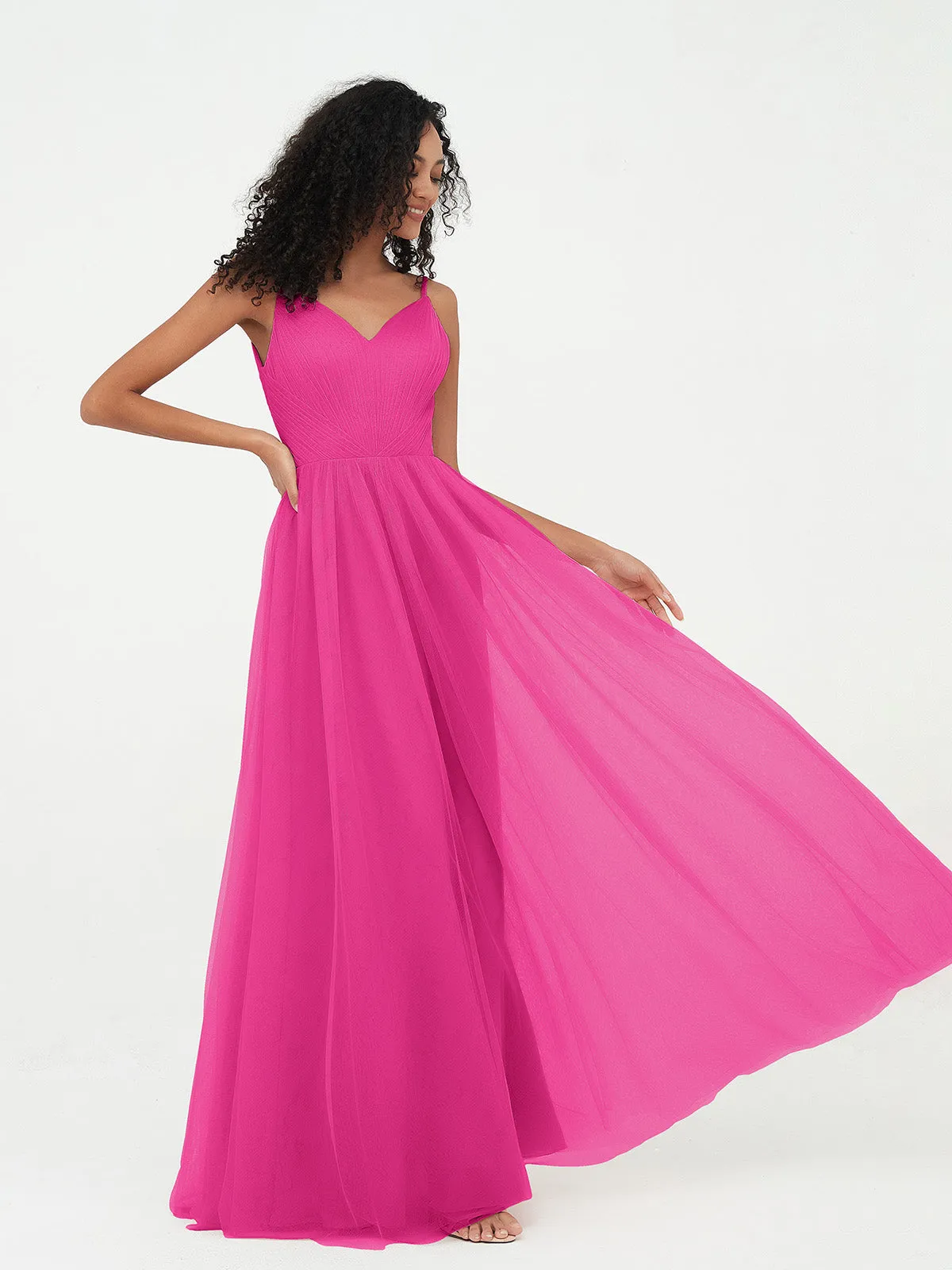 Bretelles Spaghetti Robes Maxi Plissé en Tulle Fuchsia Grande Taille