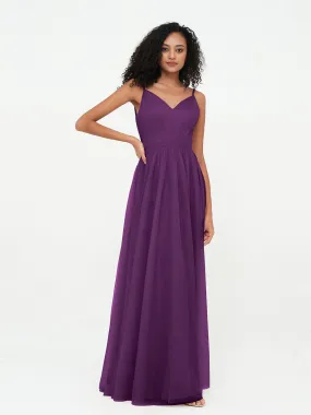 Bretelles Spaghetti Robes Maxi Plissé en Tulle Raisin