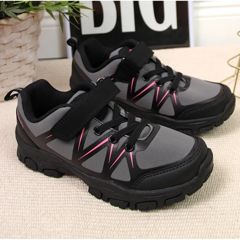 Chaussures de trekking pour enfants imperméables avec velcro gris American Club le noir