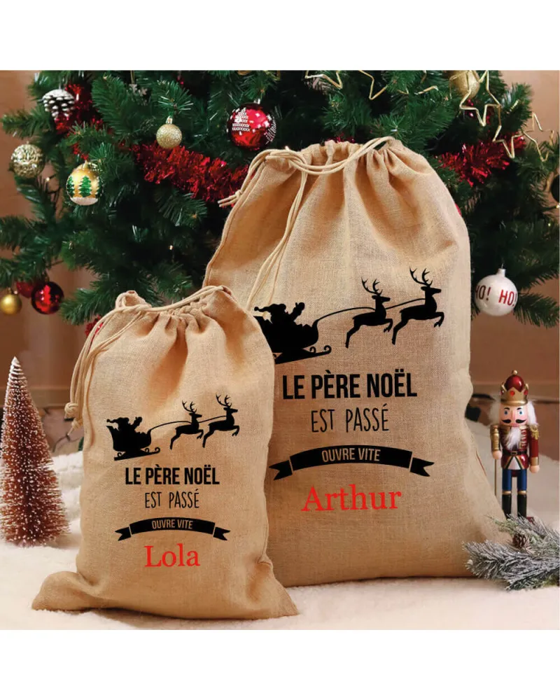 Hotte de Noël jute personnalisée Traineau du Père Noël