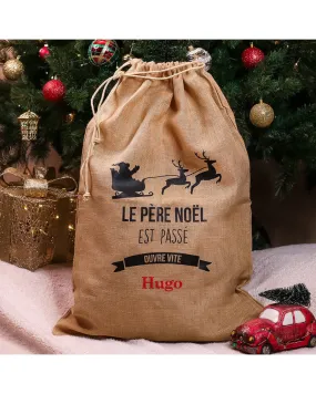 Hotte de Noël jute personnalisée Traineau du Père Noël