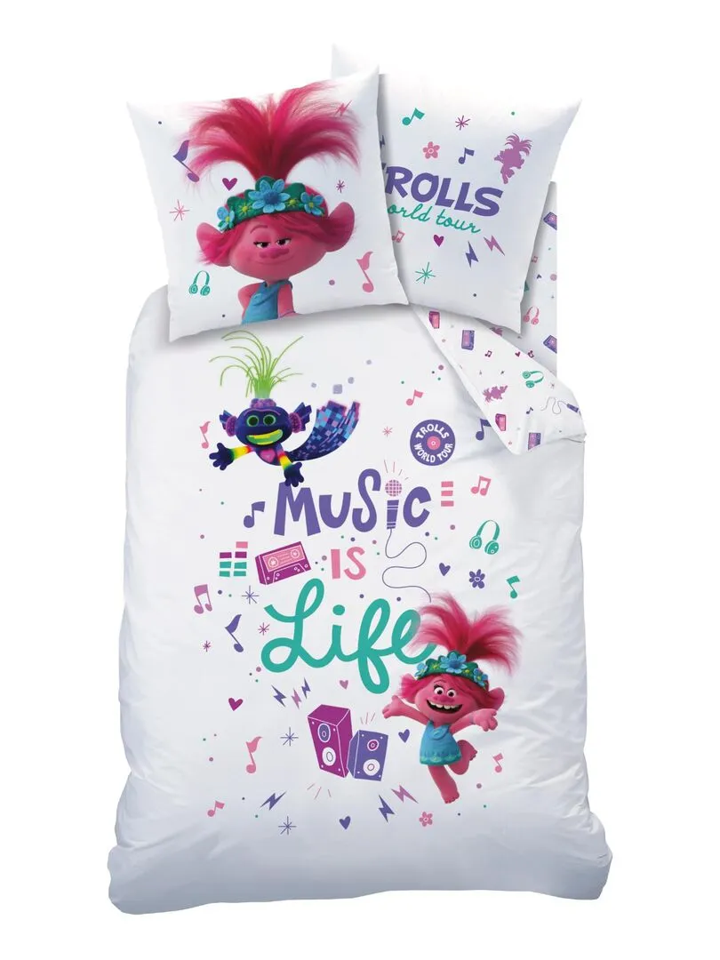 Parure de lit imprimée 100% coton, TROLLS MUSIC - Blanc