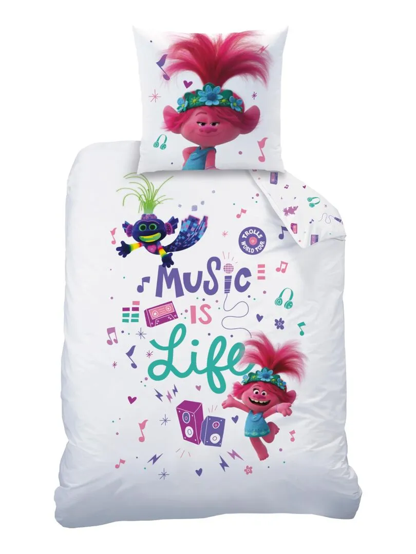 Parure de lit imprimée 100% coton, TROLLS MUSIC - Blanc