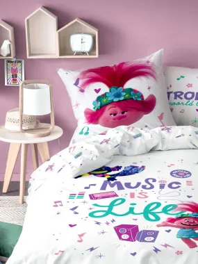 Parure de lit imprimée 100% coton, TROLLS MUSIC - Blanc